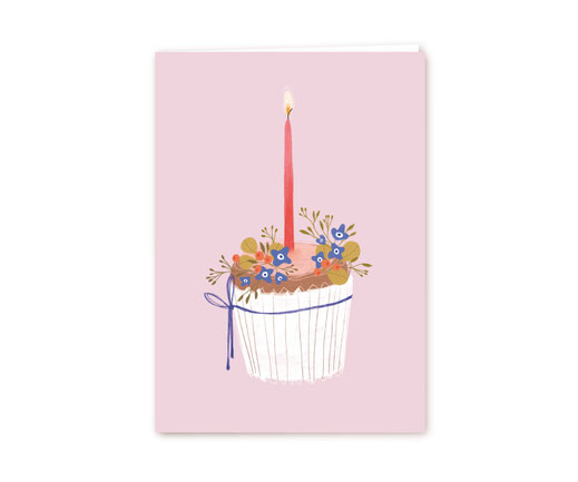 Klappkarte Lotta Langrock – Karte für Geburtstagsgrüße, Cupcake mit Blümchen und einer Kerze