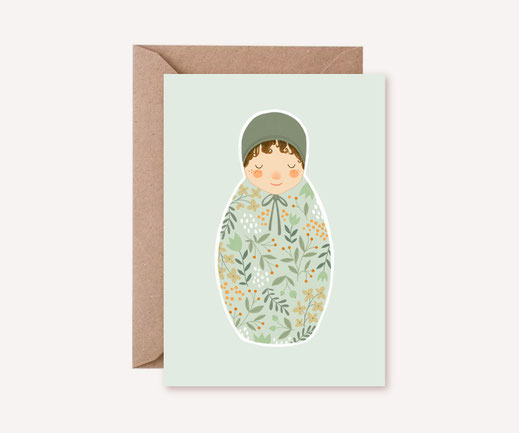 Grusskarte Klappkarte Lotta Langrock – Baby, Geburt, Hygge, Skandinavien, Pastell, Mint