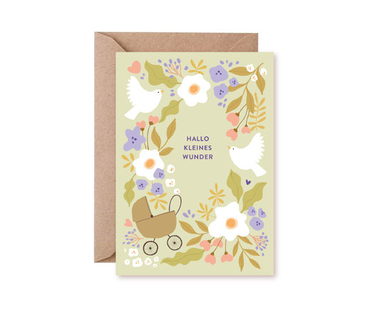 Klappkarte Lotta Langrock – Hallo Kleines Wunder, Geburt, Kinderwagen, Tauben, Grün, neutral