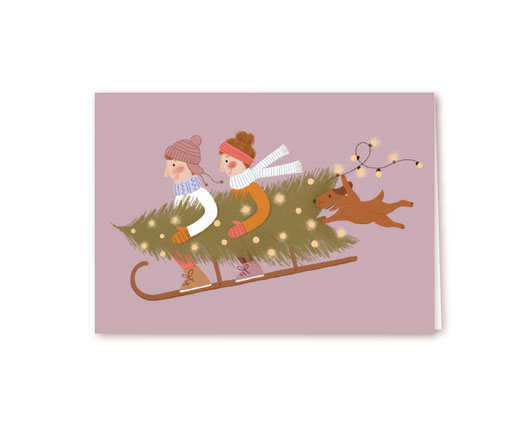 Grusskarte Klappkarte Lotta Langrock – Weihnachten, Schlitten, Weihnachtsbaum, Hund, Lichterkette, Familie