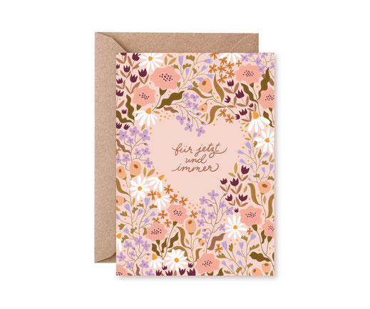 Klappkarte Lotta Langrock – Für Jetzt Und Immer, Hochzeit, Valentinstag, Geburt, Rosa, Blumenkranz, Herz