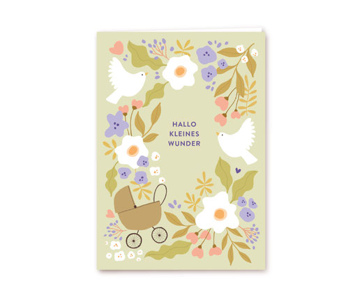 Klappkarte Lotta Langrock – Hallo Kleines Wunder, Geburt, Kinderwagen, Tauben, Grün, neutral