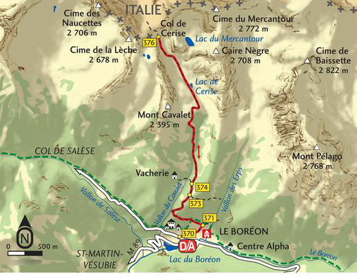 Carte du site RandOxygène de la montée au col de Cerise mais sans aller au lac du Mercantour