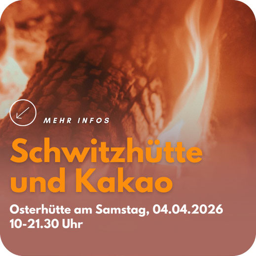 Plakat ‚Schwitzhütte Kakao‘ mit Flammenmotiv, Event am 20.12.2025 mit Heike und Cüneyt