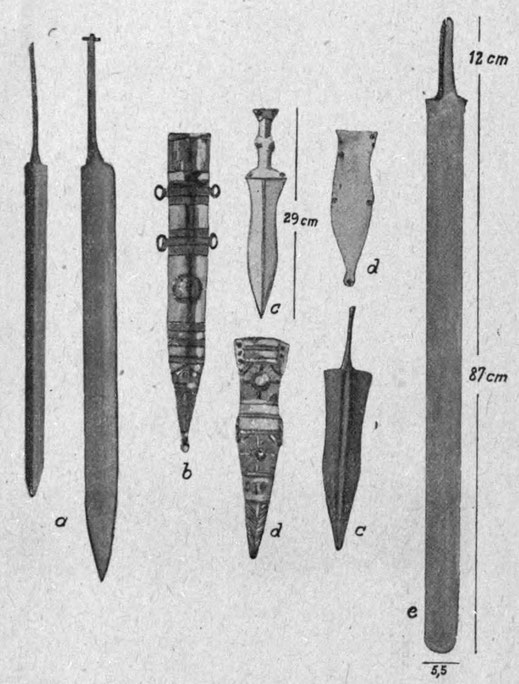 Römische Waffen: a Kurzschwert Gladius, b Scheide, c Dolch, d Scheide, e Langschwert.