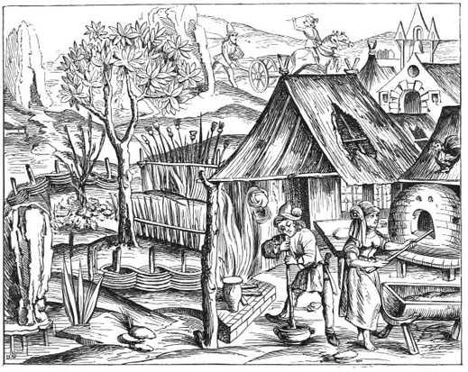Getreideanbau bei den Bauern und die Herstellung von Gersten- und Haferbrot. Aus dem Buch: Sitten, Traditionen und Mode im Mittelalter und in der Renaissance. 