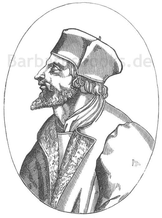 Abb. 315. – Johannes Hus, der berühmte Häresiarch, geboren in Böhmen; 1415 in Konstanz vor Gericht gestellt, verurteilt und verbrannt.