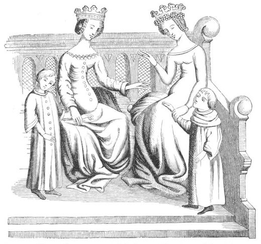Kleidung adliger Damen und Kinder im 14. Jahrhundert. Aus dem Buch: Sitten, Traditionen und Mode im Mittelalter und in der Renaissance. 