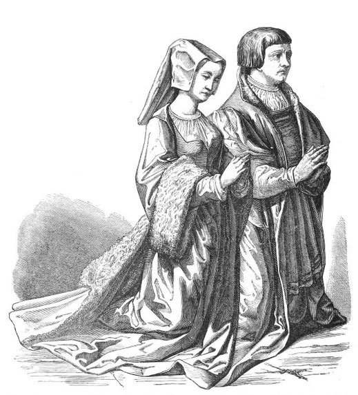 Bürger von Gent und seine Frau in zeremonieller Kleidung, kniend in der Kirche. Aus dem Buch: Sitten, Traditionen und Mode im Mittelalter und in der Renaissance. 