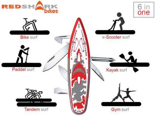 Red Shark - The combination of six watersport experiences in one | Premium Water Bikes | Paddleboard (SUP) | e-scooter | Kayak | Gym | Tandem.