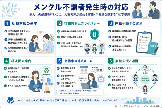 メンタル不調者発生時の基本やプライバシー保護など対応全般に関する説明画像