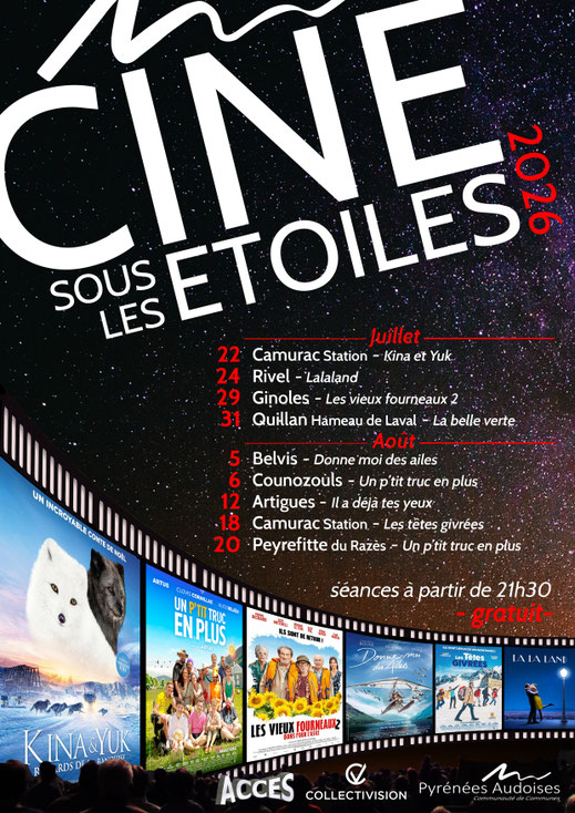 Affiche Ciné sous les étoiles en Pyrénées Audoises - été 2026