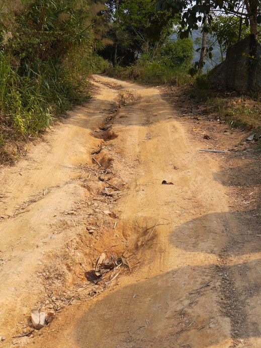 Und diese steile Rampe zeigt nun erste tiefere Furchen, die hier aber noch gar nicht so schlimm wirken...  Oben um die Ecke rum wird's abenteuerlicher... Bei Chiang Rai, Thailand (Foto Jörg Schwarz) 