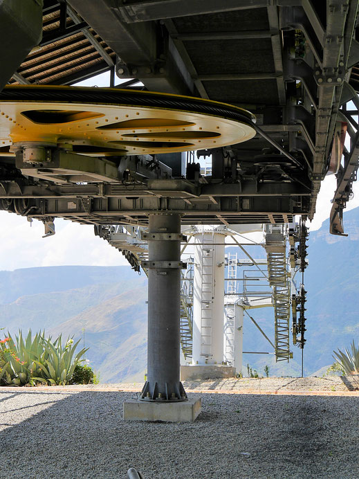 Mächtige Maschinen und Räder ziehen die Seilbahn durch die Schlucht, Aratoca, Kolumbien (Foto Jörg Schwarz)