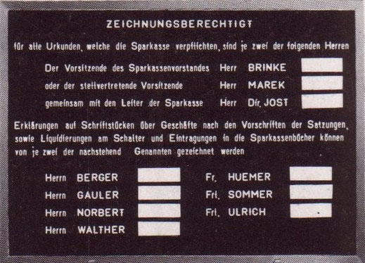 Zeichnungsberechtigte in der jeweiligen Sparkassen-Filiale wurde auf dieser Anzeige-Tafel genannt (um 1964).