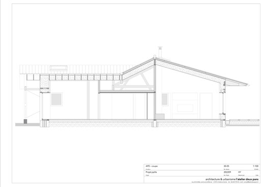 projet maison Paille, coupe tranversale © l'atelier deux pans