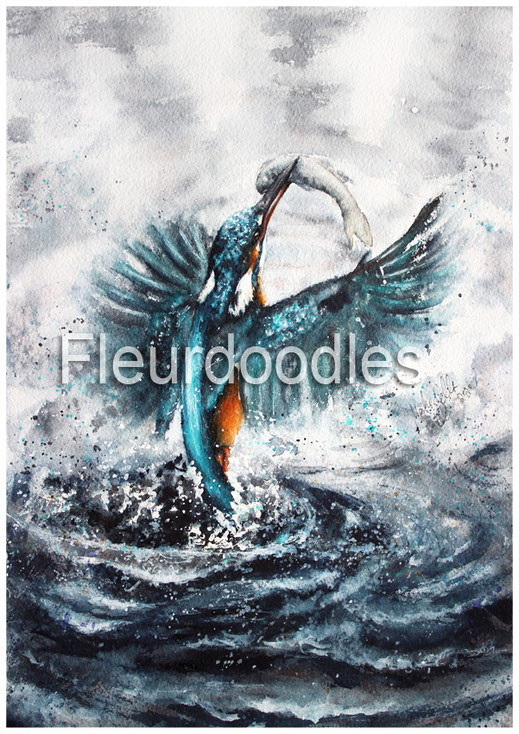 Eisvogel, Tiermalerei, Tierportraits, Tierbilder kaufen, Ölgemälde, Bleistift, Pastellkreide, Tiere in Aquarell, Tiermaler, Gemälde Tiere modern, Bilder Wohnung, Kunstdrucke, Poster, Leinwand, Drucke, Original Kunst, Maike Geller, Fleurdoodles