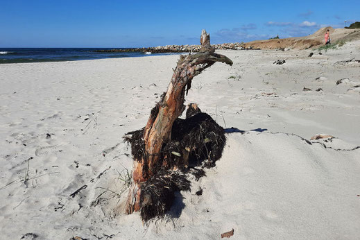 Ein Strand mit weißem Sand, im Hintergrund das blaue Meer.