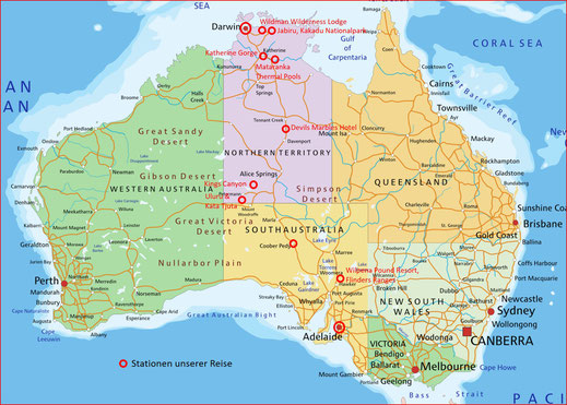 Landkarte Australien mit Reiseroute.