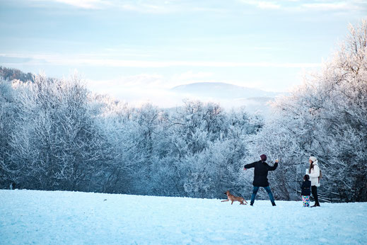 Wandern im Winter mit Kind und Hund.