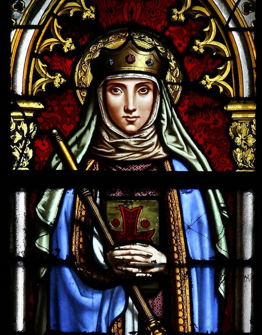 représentation sur vitrail de sainte Radegonde dans une église à Paris 