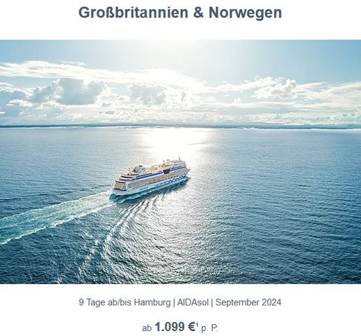 AIDA Großbritannien & Norwegen Kreuzfahrt ab/bis Hamburg im Mai Juni und September 2024 buchen