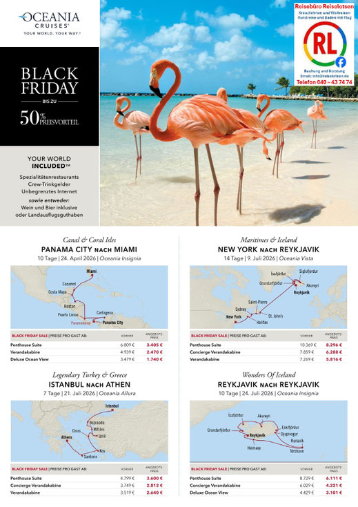 Majestätische Fjorde und Wasserfälle Islands, im Hintergrund das luxuriöse Schiff Marina. Nordlichter tanzen am Himmel und spiegeln sich im Wasser. Text-Overlay: „Black Friday Deal – Nordeuropa & Island erleben mit Oceania Cruises“.