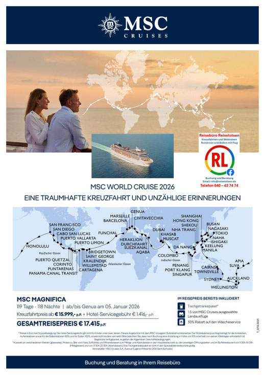 MSC Weltreise und Teilstrecke der Weltreise 2026