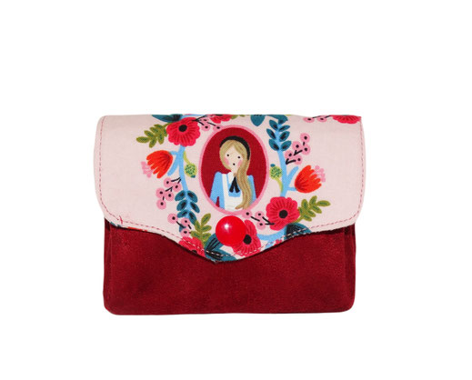 Porte-monnaie femme accordéon 3 compartiments porte-cartes tissu Alice au pays des merveilles rose suédine rouge cadeau Noël femme