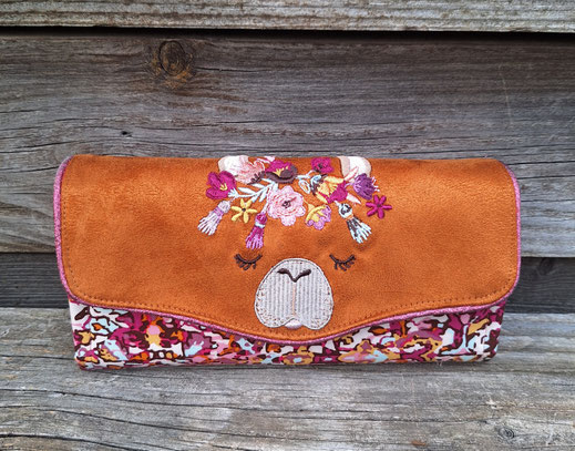 grand portefeuille pour femme, 2 compartiments zippés, broderie tête de lama, cadeau coloré et original pour Noël , anniversaire