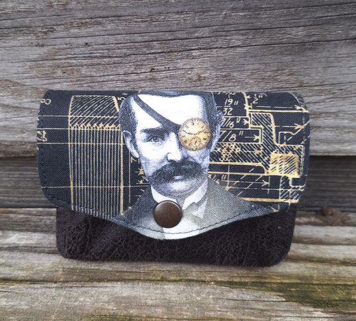 porte-monnaie artisanal unique homme - petit porte-monnaie accordéon - faux cuir anthracite - tissu avec gentleman victorien - style steampunk industrile vintage - cadeau original pratique