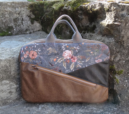 Sacoche pour ordinateur 13 pouces femme en faux cuir camel anthracite tissu  floral gris , protection matériel informatique