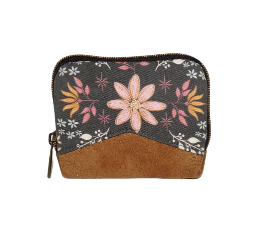 Mini portefeuille zippé pour femme en tissu noir avec des fleurs,  faux-cuir camel,  porte-cartes élégant original
