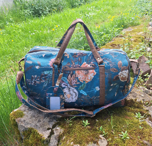 grand sac de voyage femme faux cuir bronze, similicuir bleu, sergé de coton bleu pétrole, style floral et bohème, bandoulière amovible original pratique, cadeau, vacances  Noël anniversaire