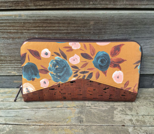compagnon à fermeture éclair tissu jaune ocre moutarde liege marron nombreux porte-documents 14 porte-cartes, couleurs automnales, idée cadeau pour Noël, artisanat français