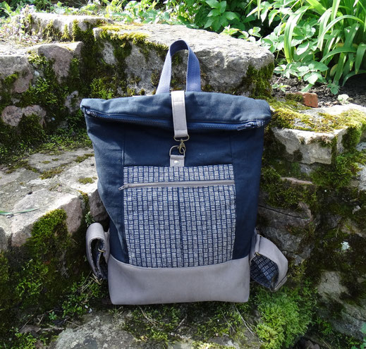 grand sac à dos homme  toile de coton bleu marine faux cuir taupe daim suede cadeau homme 