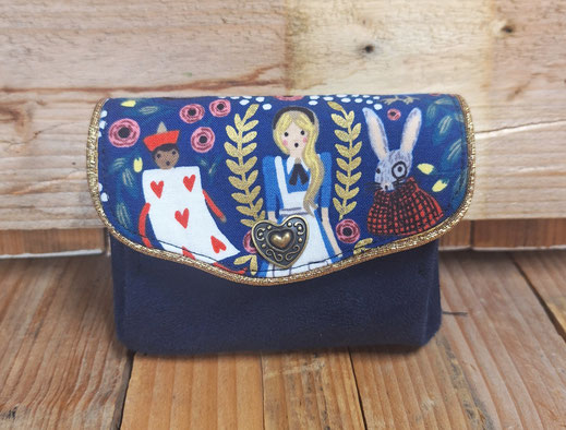 petit porte-monnaie accordéon femme, fille , tissu bleu marine, suédine, 3 compartiments, fait main en France 