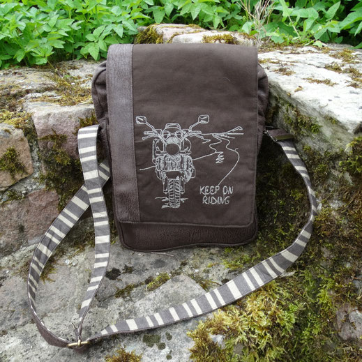 sacoche pour homme en toile marron, broderie moto cross, tissu à rayures vintage, faux cuir marron taupe