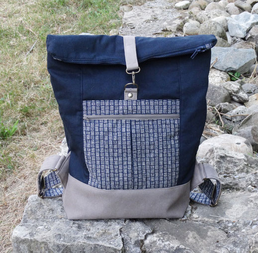 grand sac à dos homme toile coton bleu marine faux cuir taupe cadeau