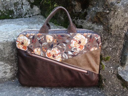 sacoche pochette ordinateur portable 13 14 pouces faux cuir marron broderie fleurs cadeau femme