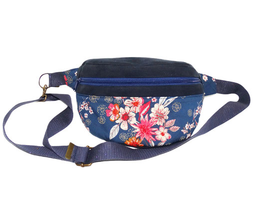 sac banane femme, faux cuir effet daim bleu marine, tissu avec des fleurs colorées, 3 compartiments, porte-cartes