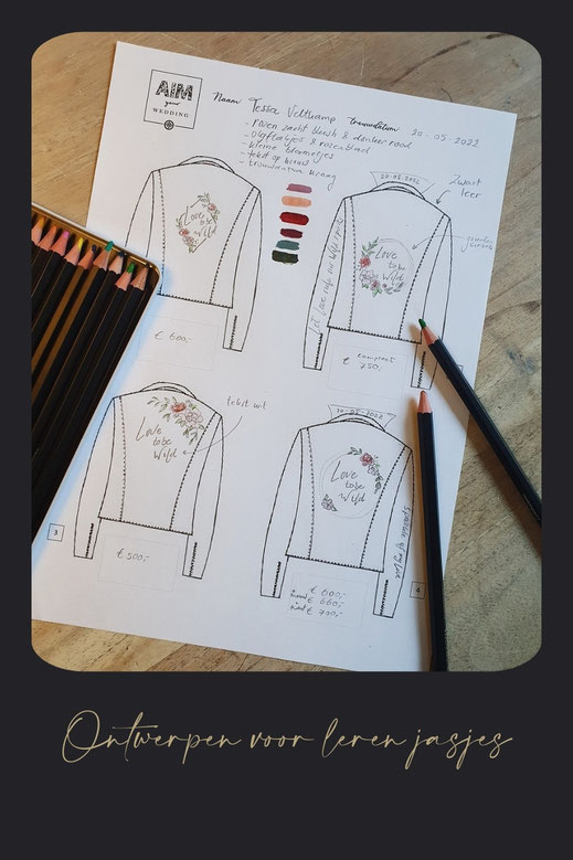 ontwerpen voor het schilderen op leren jasjes voor de stoere bruid trouwdag met persoonlijke touch, wedding jacket 