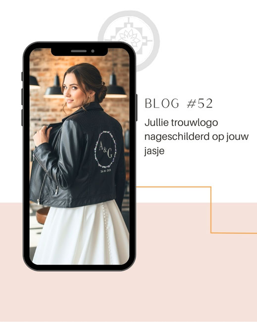 trouwlogo van trouwkaart op jasje bruid nageschilderd, huwelijkscadeau ouders