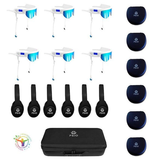 PSIO Pro Plus – six lunettes PSIO avec six casques antibruit, six housses de voyage et une valisette de transport