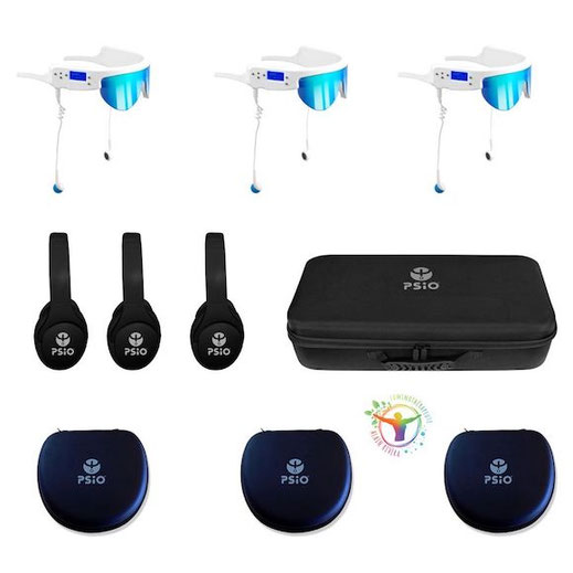 PSIO Pro Plus – trois lunettes PSIO avec trois casques antibruit, trois housses de voyage et une valisette de transport