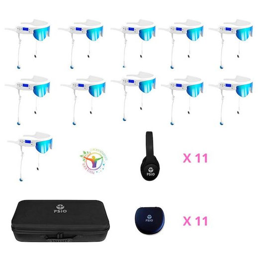 PSIO Pro Plus – onze lunettes PSIO avec onze casques antibruit, onze housses de voyage et une valisette professionnelle