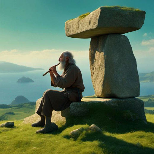 Thema Klangsteine. Ein Druide spielt auf einer Blockflöte. Er sitzt auf einem Menhir.