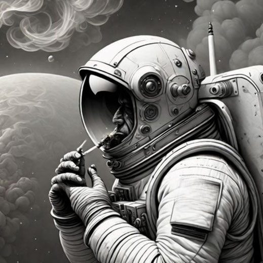 Ein Astronaut raucht im Weltall durch seinen Helm hindurch.