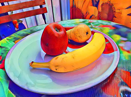 Ein Obstteller mit Apfel, Birne und Banane wurde mit einem digitalen Filter bearbeitet.