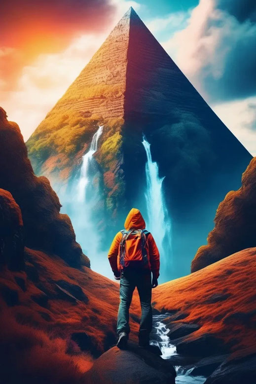 Der Wanderer probiert eine neue Strecke aus. Eine Pyramide mit zwei Wasserfällen erscheint. Ein Traum? 